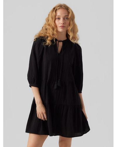 Vero Moda Shirtkleid Kurzes Crepe Kleid mit Kordel Midi Dress 3/4 Ärmel (kurz) 7513 in Schwarz