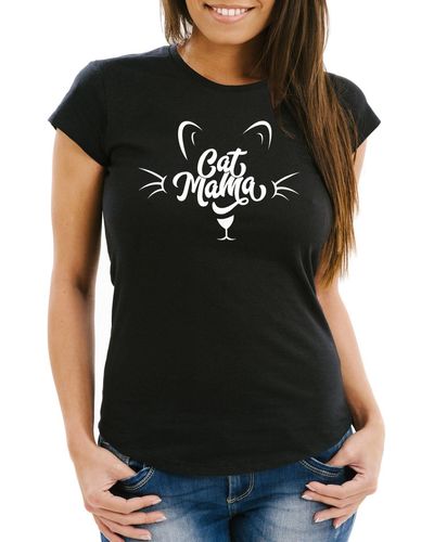 MoonWorks T-Shirt katze Cat Mama Slim Fit ® mit Print - Schwarz