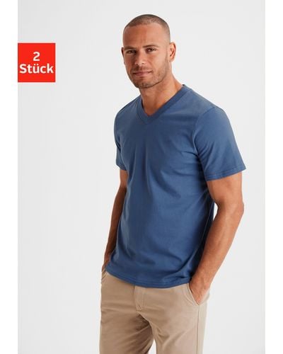 Kangaroos Shirt Regular Fit, (2er-Pack) Freizeitshirt mit Kurzarm, V-Ausschnitt aus reine Baumwolle - Blau