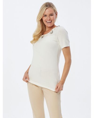 Sarah Kern Rundhalspullover Kurzarm-Shirt koerpernah mit Muschelapplikationen - Weiß