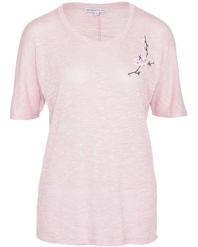 MONACO blue 3/4-Arm-Shirt Kurzarmbluse figurumspielend dezentem Lurexeffekt mit Schmuckblüten - Pink
