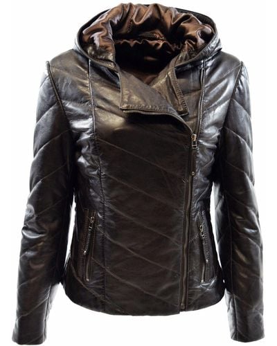 Zimmert Leather Elda Stepp-Lederjacke aus weichem Leder mit Kapuze Schwarz, Braun