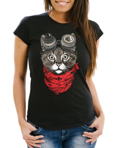 MoonWorks T-Shirt Katze Cat Steampunk Slim Fit ® mit Print - Schwarz