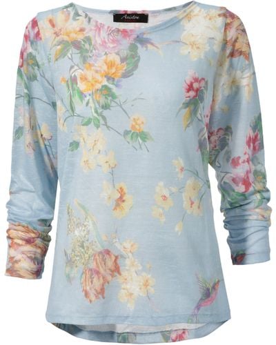 Aniston CASUAL Langarmshirt mit großflächigem Blumendruck und Vögeln - Blau