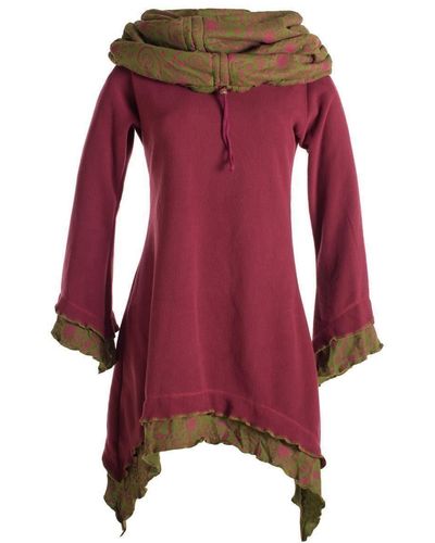 Vishes Zipfelkleid Lagenlook Kleid Eco Fleece und Kapuzenschalkragen Hippie, Goa, Elfen Style - Rot