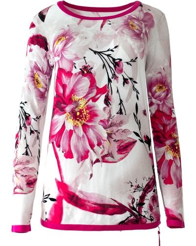 Passioni Strickpullover Print Pullover mit Blumen Design und Reisverschluss am Saum - Pink