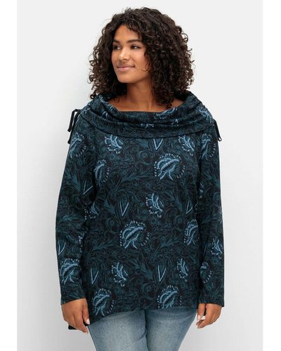 Sheego Sweatshirt Große Größen in Longform mit weitem Kragen - Blau