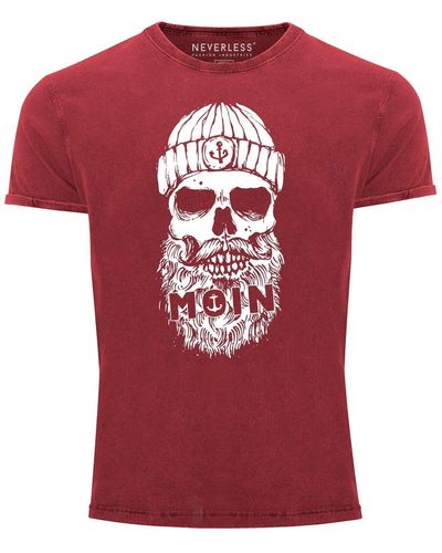 Neverless Vintage Moin Totenkopf Anker Skull Printshirt T-Shirt Aufdruck Used Look Slim Fit ® mit Print - Rot