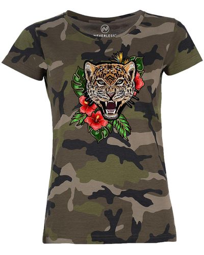 Neverless T- Camouflage Camo-Shirt Tiger Tropical Palmblätter Sommer Stick-Patch-Optik Tarnmuster ® mit Print - Grau