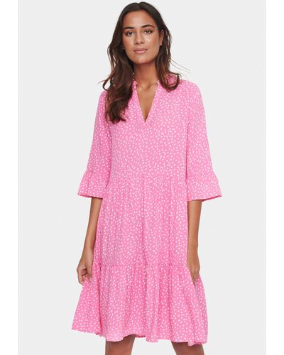 Saint Tropez Sommerkleid EdaSZ Dress mit Volant und 3/4 Ärmel - Pink