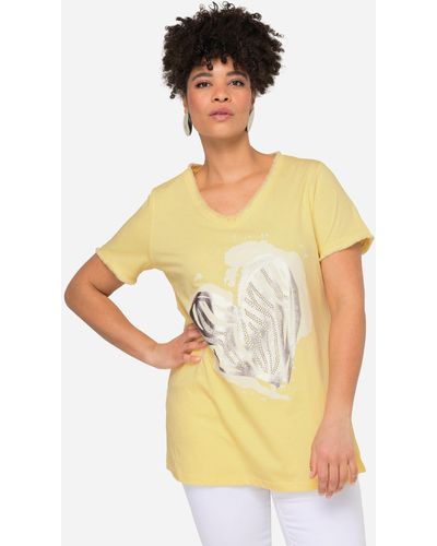 MIAMODA Rundhalsshirt T-Shirt Herz-Druck Fransen Halbarm - Gelb
