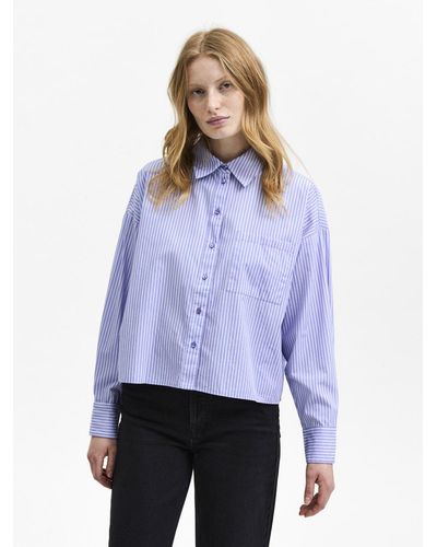 SELECTED Blusenshirt Cropped Basic Bluse Langarm Hemd aus Baumwolle SLFREKA - Blau