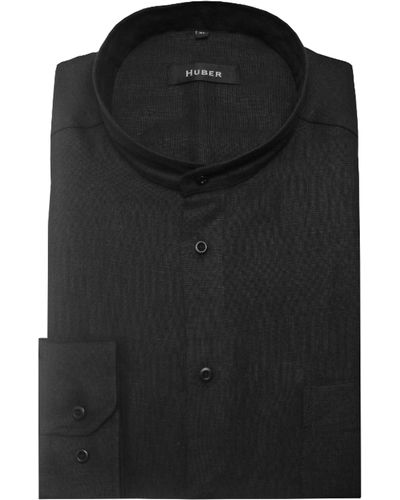Huber Hemden Leinenhemd HU-0460 Stehkragen 100% Leinen-feiner Stoff Regular-gerader Schnitt Made in EU - Schwarz
