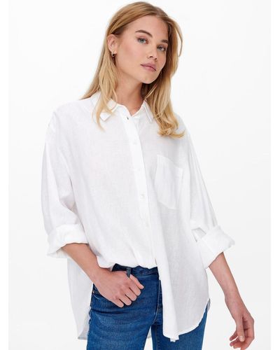 ONLY Blusenshirt Oversized Basic Hemd Bluse Leinen Business Shirt ONLTOKYO 4764 in Weiß