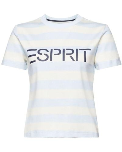 Esprit Gestreiftes Logo-T-Shirt aus Baumwolle (1-tlg) - Weiß