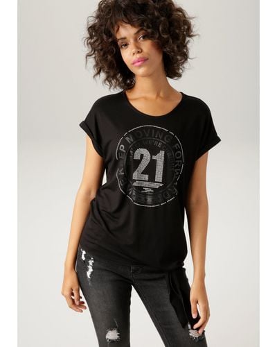 Aniston CASUAL T-Shirt mit silberfarbenen Glitzersteinchen und Frontdruck - Schwarz