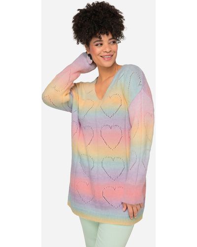 MIAMODA Strickpullover Pullover Farbverlauf Herz-Ajourmuster V-Ausschnitt - Weiß
