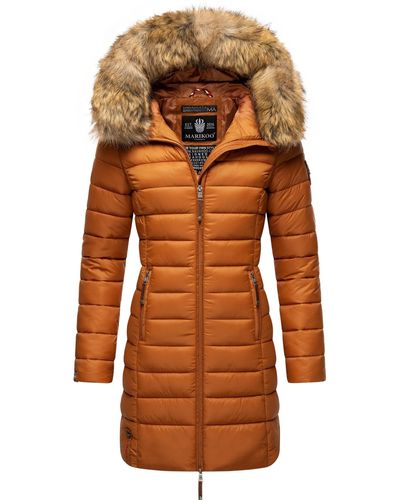 Marikoo Steppmantel Rose-Stepp zeitloser Winterparka mit großer Kunstfellkapuze - Orange