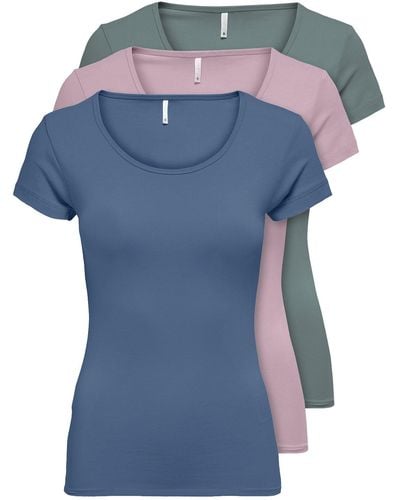 ONLY Shirt ONLLIVE LOVE NEW (3-tlg., 3er Pack) Figur betont, elastische Baumwollqualität - Blau