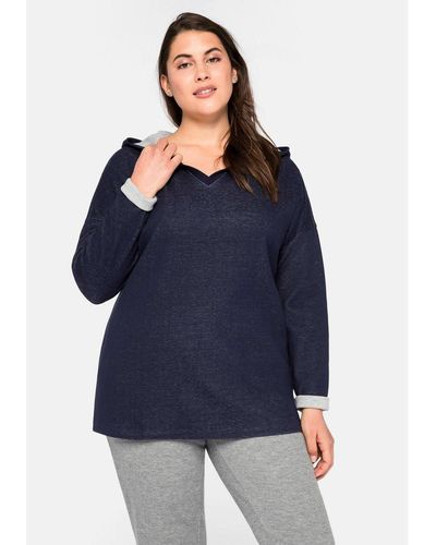 Sheego Kapuzensweatshirt Große Größen mit V-Ausschnitt - Blau