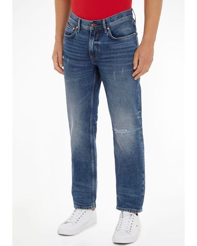 Tommy Hilfiger Destroyed-Jeans STRAIGHT DENTON STR 4YRS REPAIR mit Riss am linken Knie - Blau