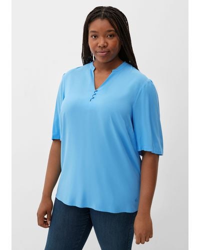 TRIANGL Kurzarmbluse Blusenshirt mit Spitzendetail Spitze, Stickerei - Blau