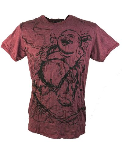 Guru-Shop Sure T-Shirt Happy Buddha - bordeaux Goa Style, Festival, alternative Bekleidung - Rot