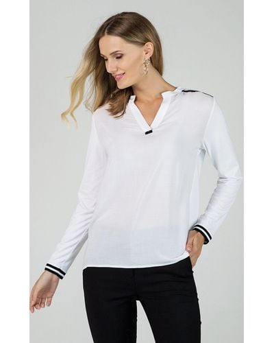 Passioni Tunika Weißes Sommershirt mit schwarzen Details und V-Ausschnitt Kontrastbündchen