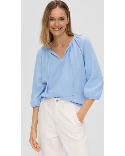 S.oliver Langarmbluse Blusenshirt aus Baumwolle mit elastischen Bündchen - Blau