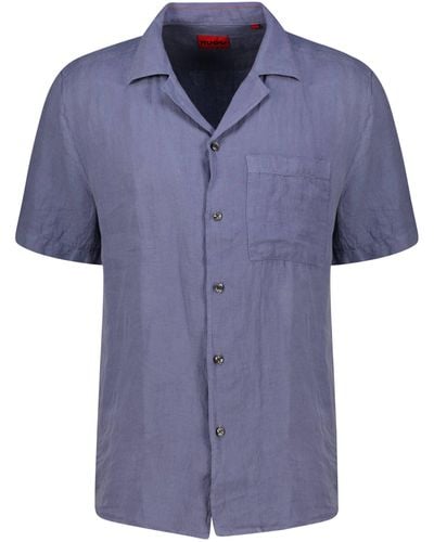 HUGO Langarmhemd Leinenhemd ELLINO Kurzarm Straight Fit (1-tlg) - Blau