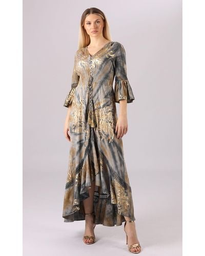 YC Fashion & Style Sommerkleid Maxikleid mit Goldenem Print und Asymmetrischem Saum Alloverdruck - Grau