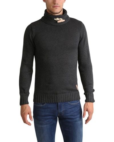 Solid ! Strickpullover SOLID Grobstrick-Pullover Stehkragen-Pulli mit Duffle-Verschluss Sweater Pizi Dunkelgrau - Schwarz