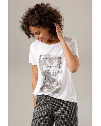 Aniston CASUAL Shirtbluse mit Glitzersteinchen verzierter Frontdruck - Weiß
