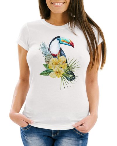 Neverless T-Shirt Tucan Ananas Tropical Summer Jungle Paradise Pineapple Slim Fit ® mit Print - Grau