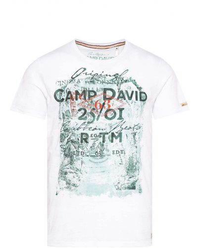 Camp David T-Shirt mit großem Logo Print - Weiß