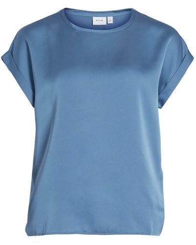 Vila Satin Blusen T-Shirt Kurzarm Basic Top Glänzend VIELLETTE 4599 in Blau-3
