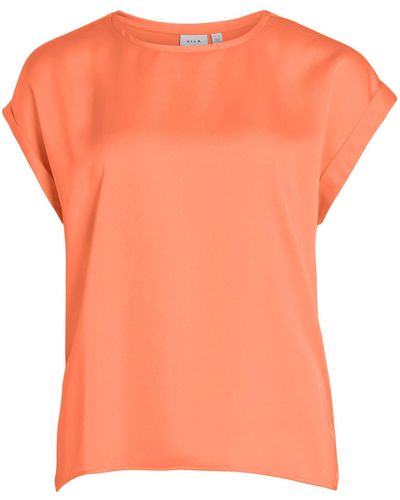 Vila Satin Blusen T-Shirt Kurzarm Basic Top Glänzend VIELLETTE 4599 in Neon Orange