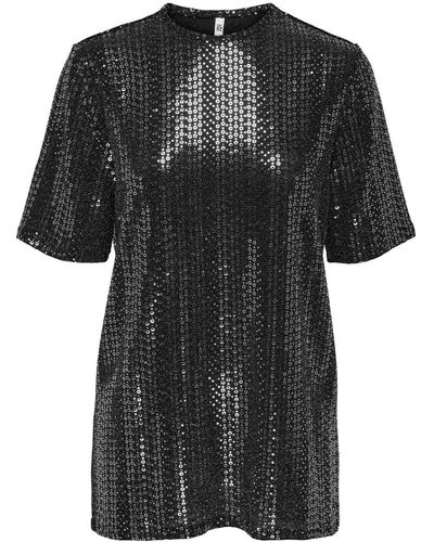 Jacqueline De Yong T- Langes Pailletten Shirt Glitzer Kurzarm Mini Party Kleid JDYSHILA 4567 in Silber - Schwarz