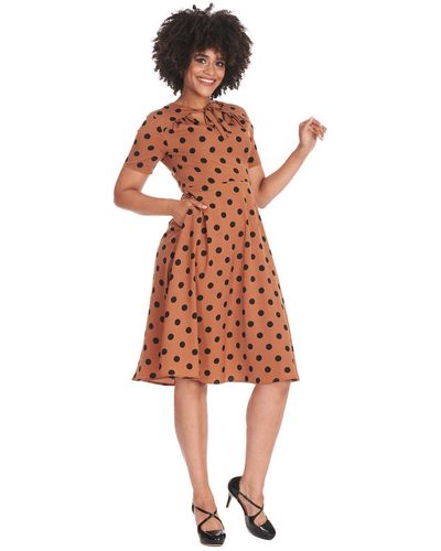 Banned A-Linien- Retro Swingkleid Set Sail Braun Vintage Polka Dot Dress 50s Pünktchen Kleid