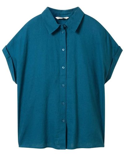 Tom Tailor Blusenshirt shortsleeve blouse with linen, Moss Blue - Blau