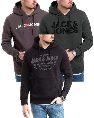 Jack & Jones Kapuzensweatshirt (Spar-Set, 3er Pack) mit Kapuze, Kängurutasche, Printdruck - Schwarz
