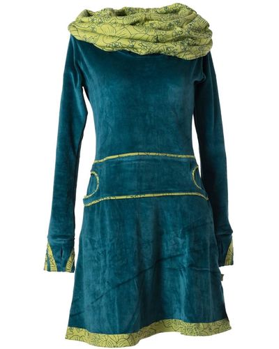 Vishes Midikleid Samtkleid warm mit großem Kapuzenkragen Ethno, Hippie, Goa, Elfen Style - Grün