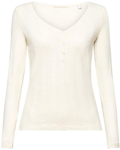 Edc By Esprit T-Shirt Geripptes Longsleeve mit Struktur (1-tlg) - Weiß