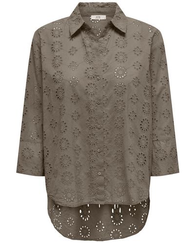 Jacqueline De Yong Blusenshirt Trendiges Hemd mit Lochstickerei und längerer Rückenpartie 7443 in Braun - Grau