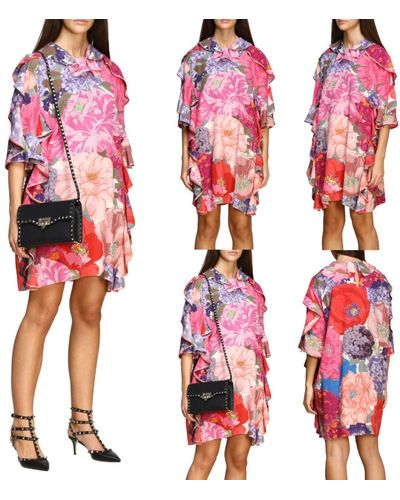 Valentino Garavani Midikleid Floral Printed Ruffle Trim Dress Minikleid Wool Min - Pink