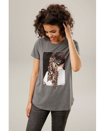 Aniston CASUAL T-Shirt mit Glitzer verziertem Frontdruck - Grau