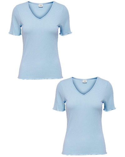 Jacqueline De Yong T- Shirt 2er-Set Kurzarm V-Ausschnitt Stretch Oberteil (2-tlg) 7000 in Blau