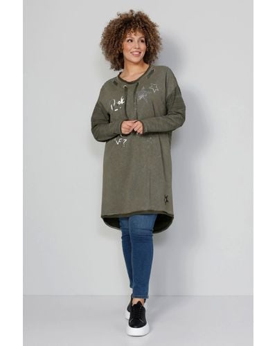 MIAMODA Sweatshirt Long-Sweater RockStar Print Rundhals mit Bindeband - Grün