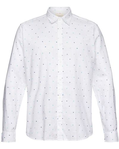 Edc By Esprit Langarmhemd Hemd aus Slub Baumwolle mit Lunar-Dot-Muster - Weiß