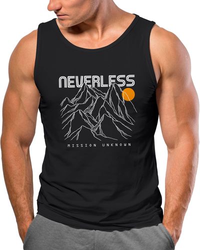 Neverless Tanktop Tank-Top Shirt Frontprint Gebirge Line-Art Printshirt Wandern mit Print - Schwarz
